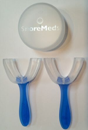 Snoremeds prior to fitting Two pack SnoreMeds with storage case and fitting handles