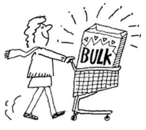 Buy in Bulk Animation of lady pushing shopping cart and a bulk box
