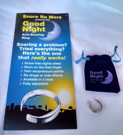 Snore No More Good Night Anti-snoring Ring with packaging and storage case