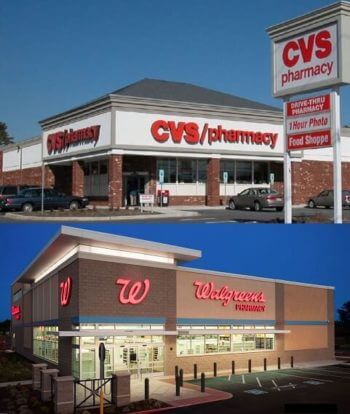 Storefront of CVS and Walgreens stores